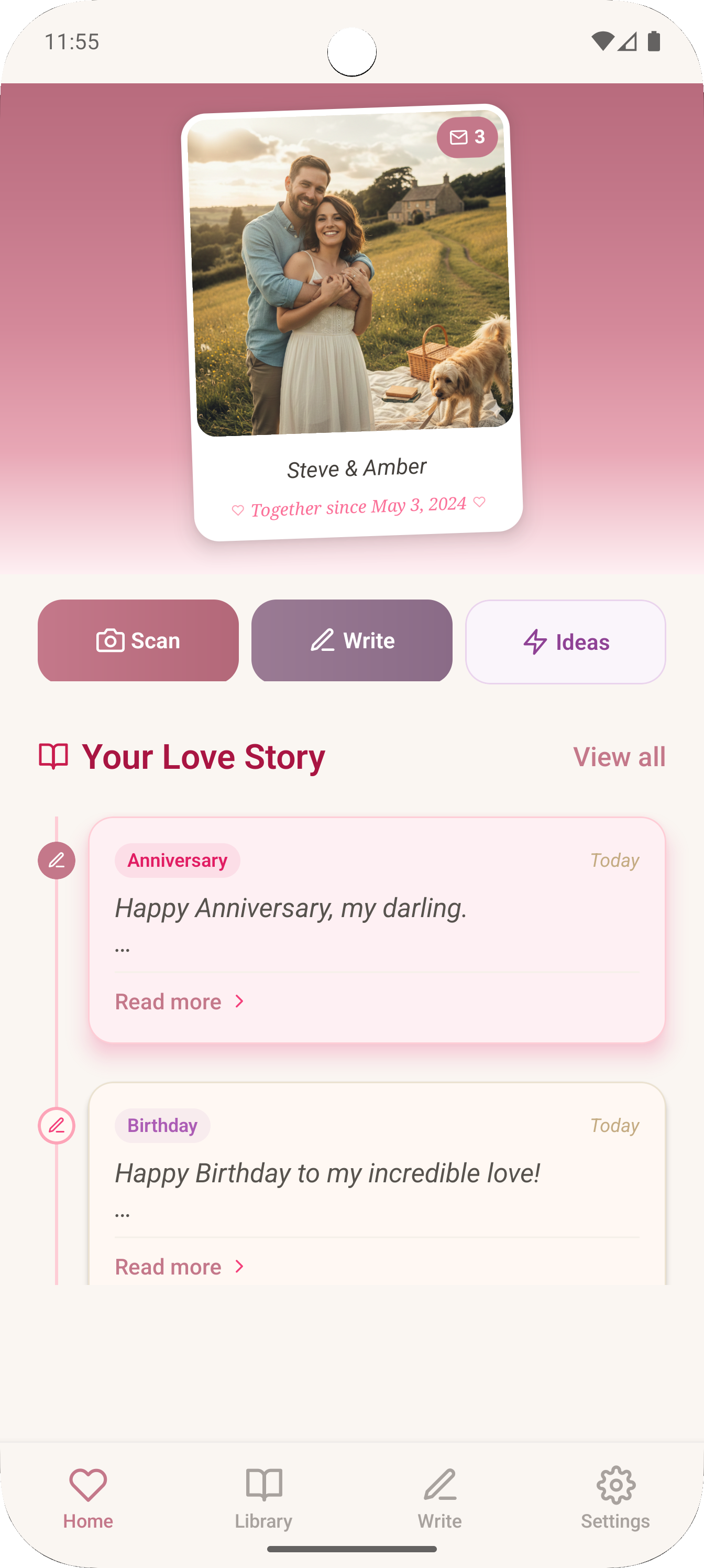 Lovistry app showing your love story with saved messages